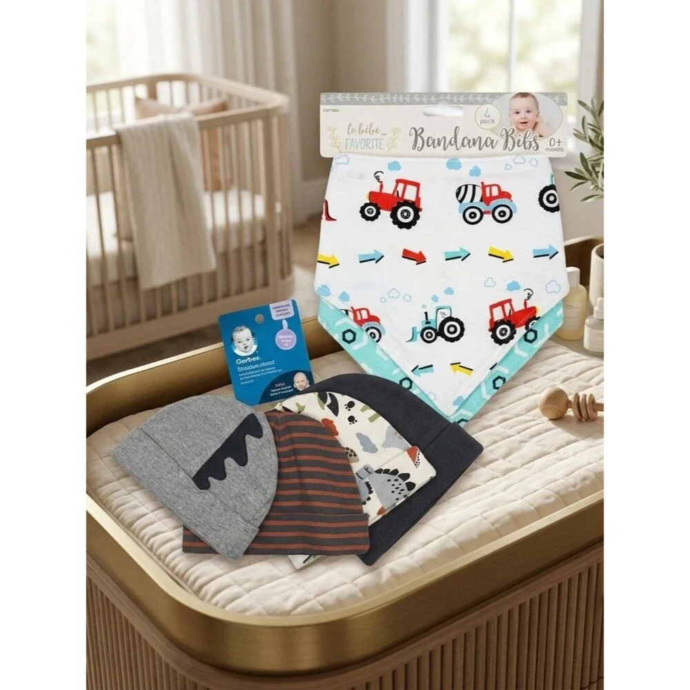 NWT Le Bebe Tractor and Geometric Bandana Bibs and Gerber Beanie Hat Set